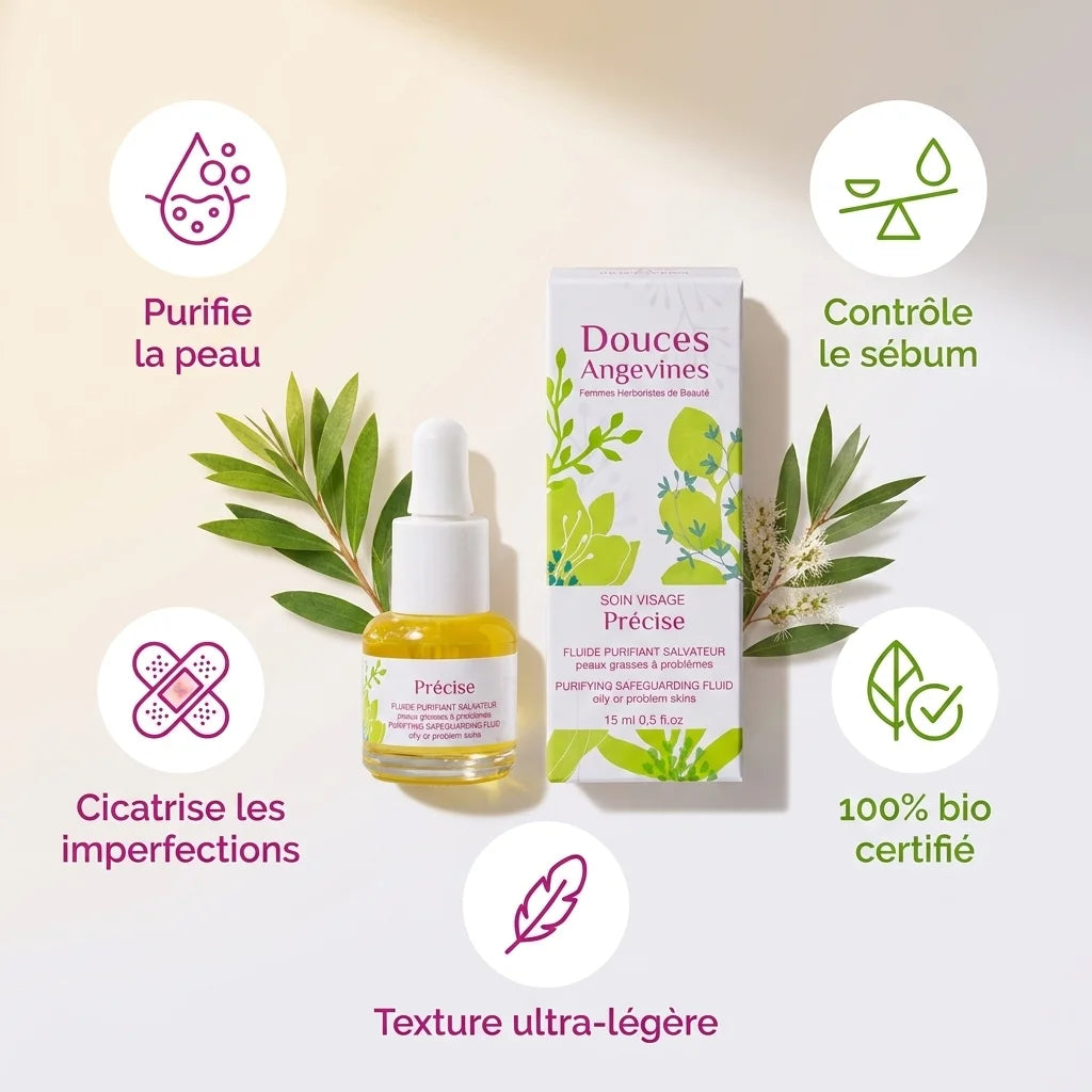 Soin jour bio Douces Angevines avec infographie bénéfices : purifie, contrôle sébum, cicatrise