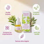 Soin jour bio Douces Angevines avec infographie bénéfices : purifie, contrôle sébum, cicatrise