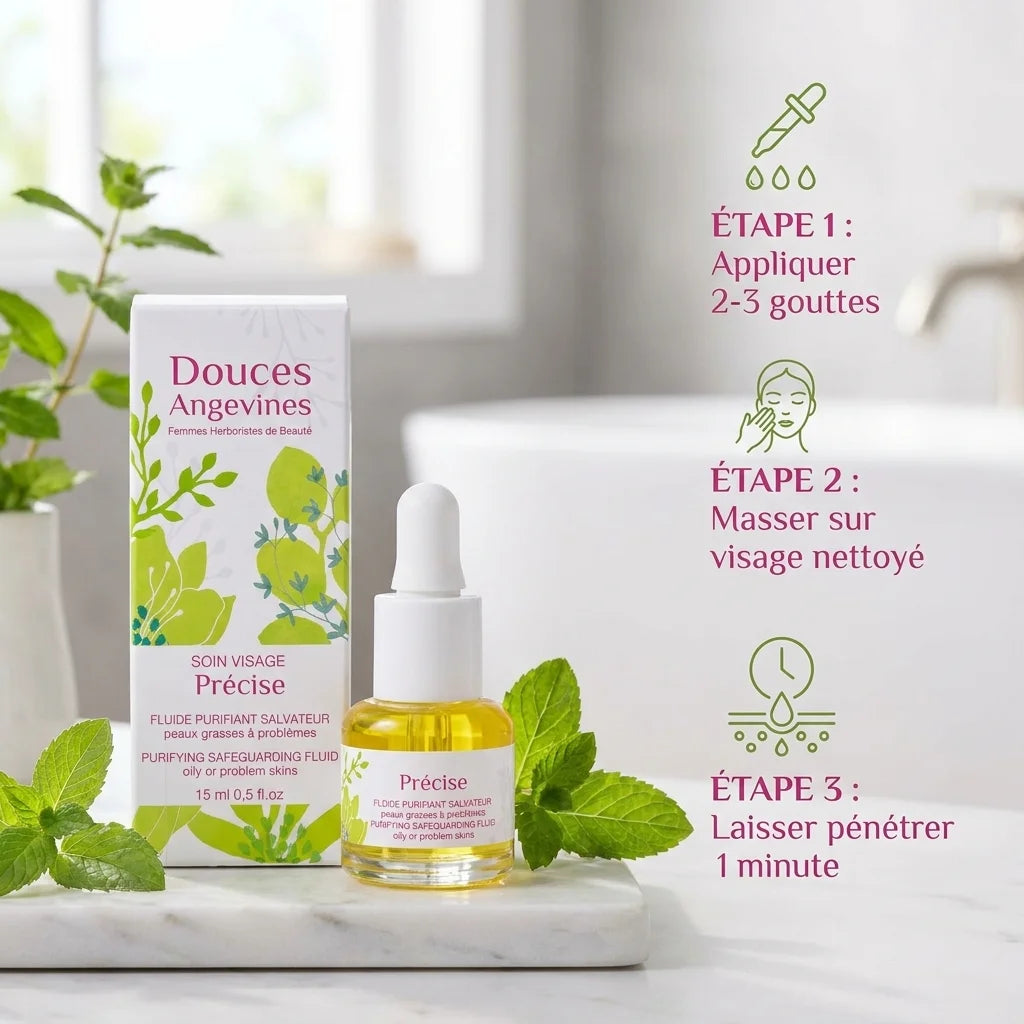 Précise Soin jour bio Douces Angevines avec guide d'application en 3 étapes sur fond blanc minimaliste