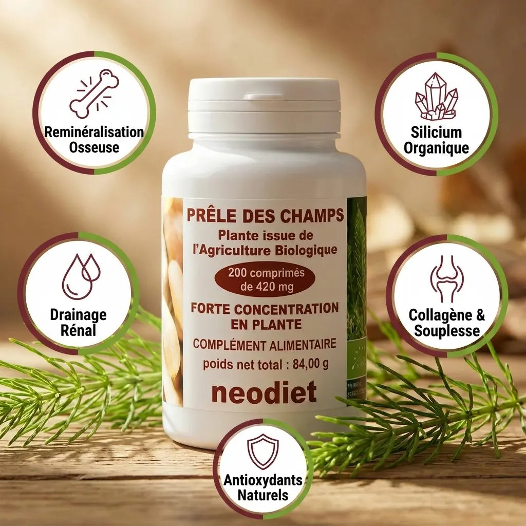 Prêle des champs Vital Osmose en comprimés avec bénéfices : reminéralisation osseuse, silicium et drainage rénal