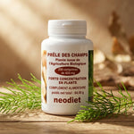 Complément Prêle des champs en flacon avec tiges fraîches sur bois naturel, éclairage wellness