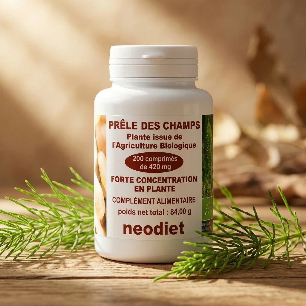 Complément Prêle des champs en flacon avec tiges fraîches sur bois naturel, éclairage wellness