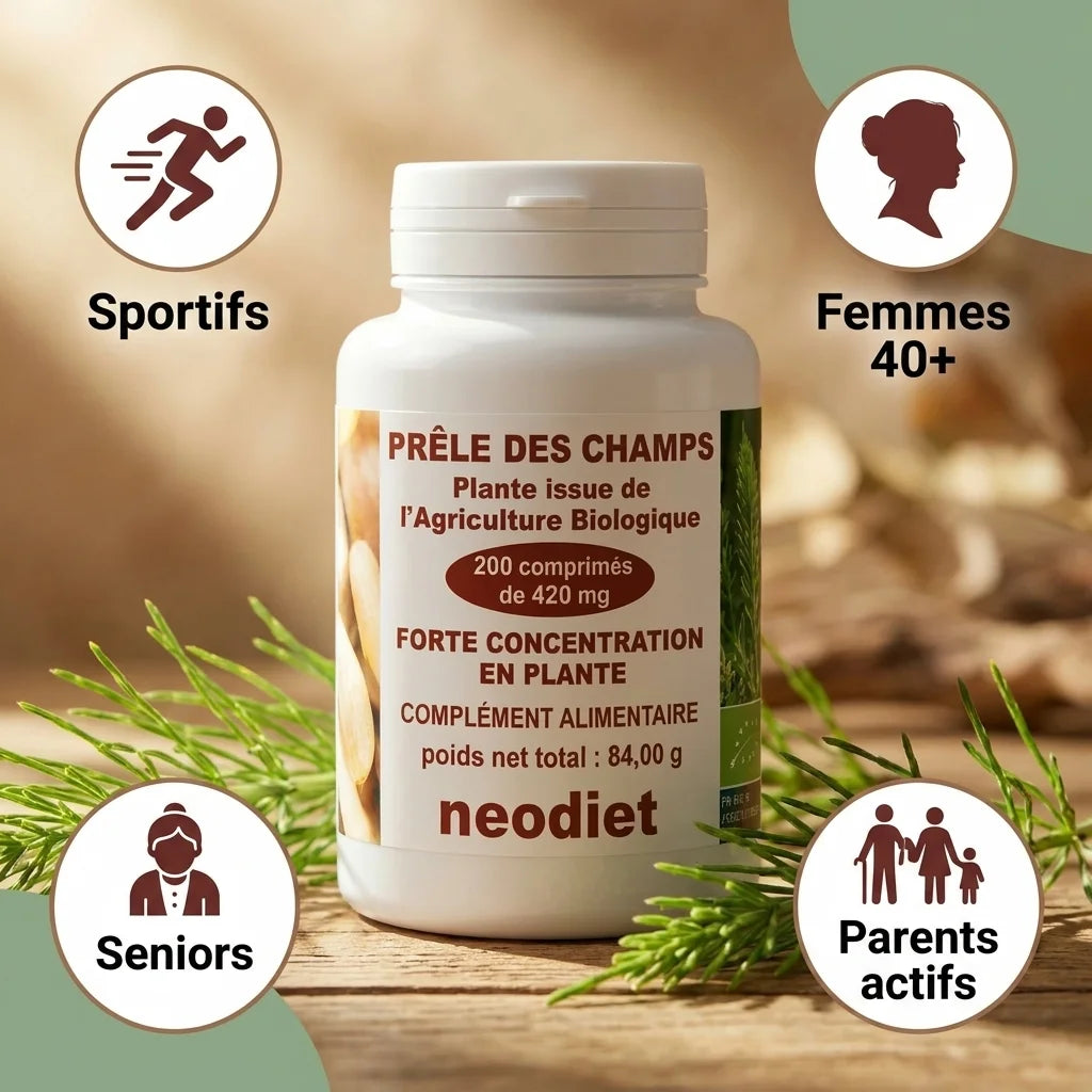 Complément Prêle des Champs Neodiet en flacon avec plante fraîche et icônes audiences cibles
