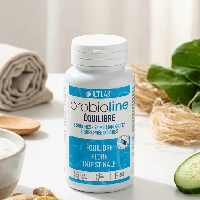 Probioline Équilibre 60 gélules LT Labo avec ingrédients naturels et éléments wellness sur fond blanc