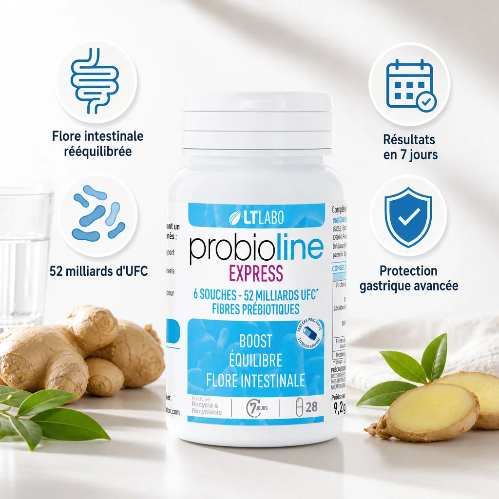 Probioline Express 28 gélules avec bénéfices : flore intestinale, 52 milliards UFC, résultats 7 jours