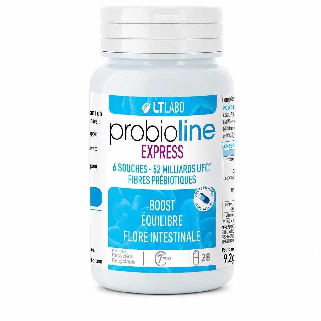 Probioline Express 28 gélules LT Labo complément probiotique flacon blanc fond studio