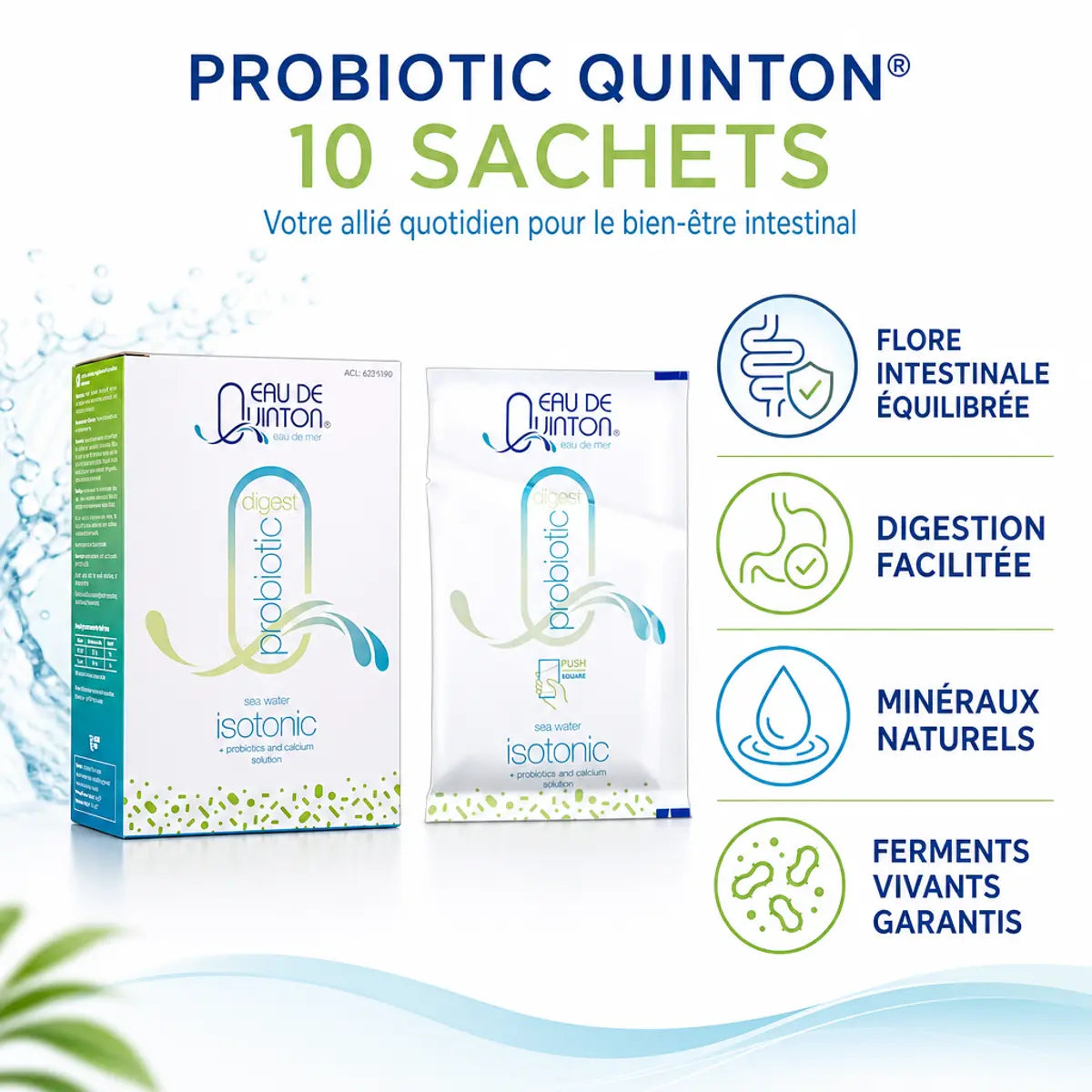 Probiotiques Quinton 10 sachets avec bénéfices : flore intestinale, digestion, minéraux naturels