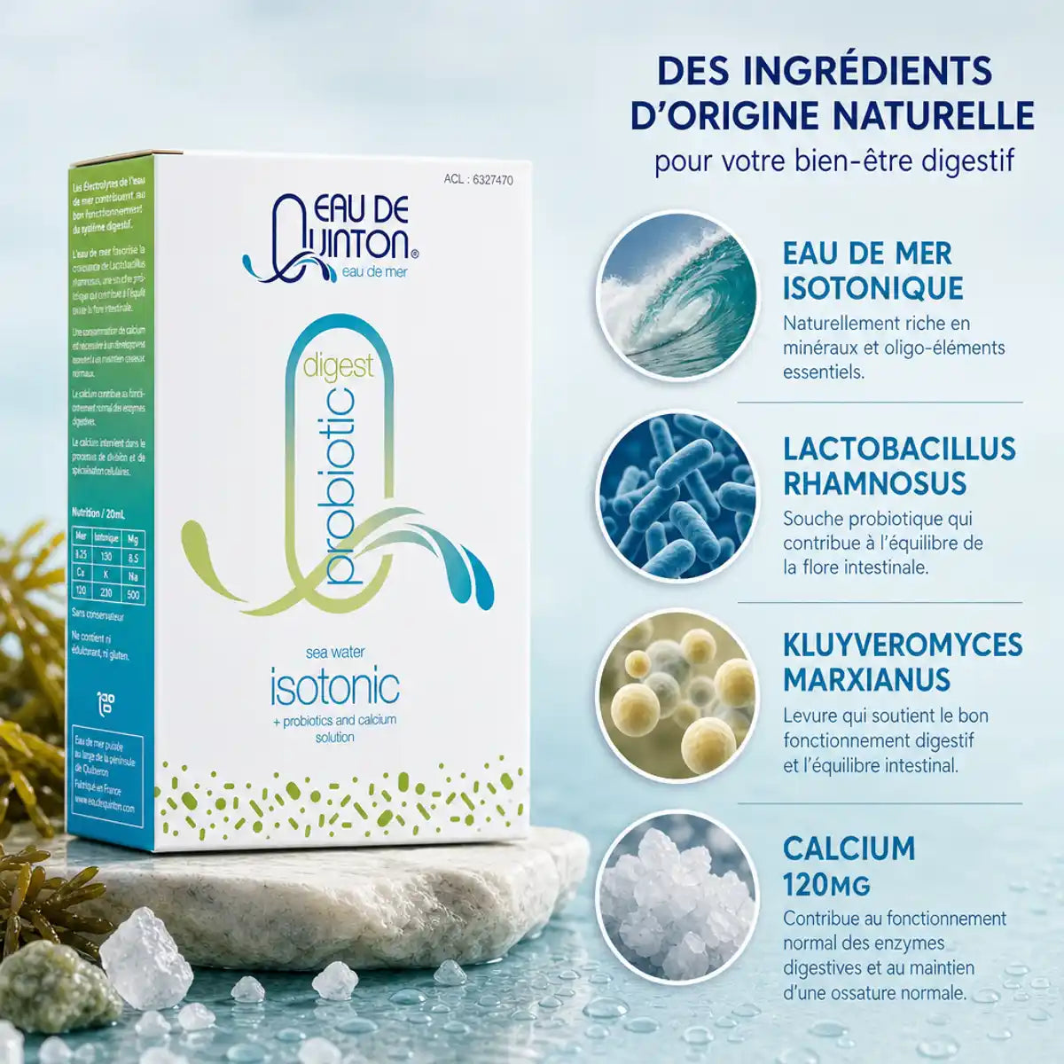 Quinton Probiotique 10 sachets avec ingrédients : eau de mer, Lactobacillus, calcium et minéraux marins