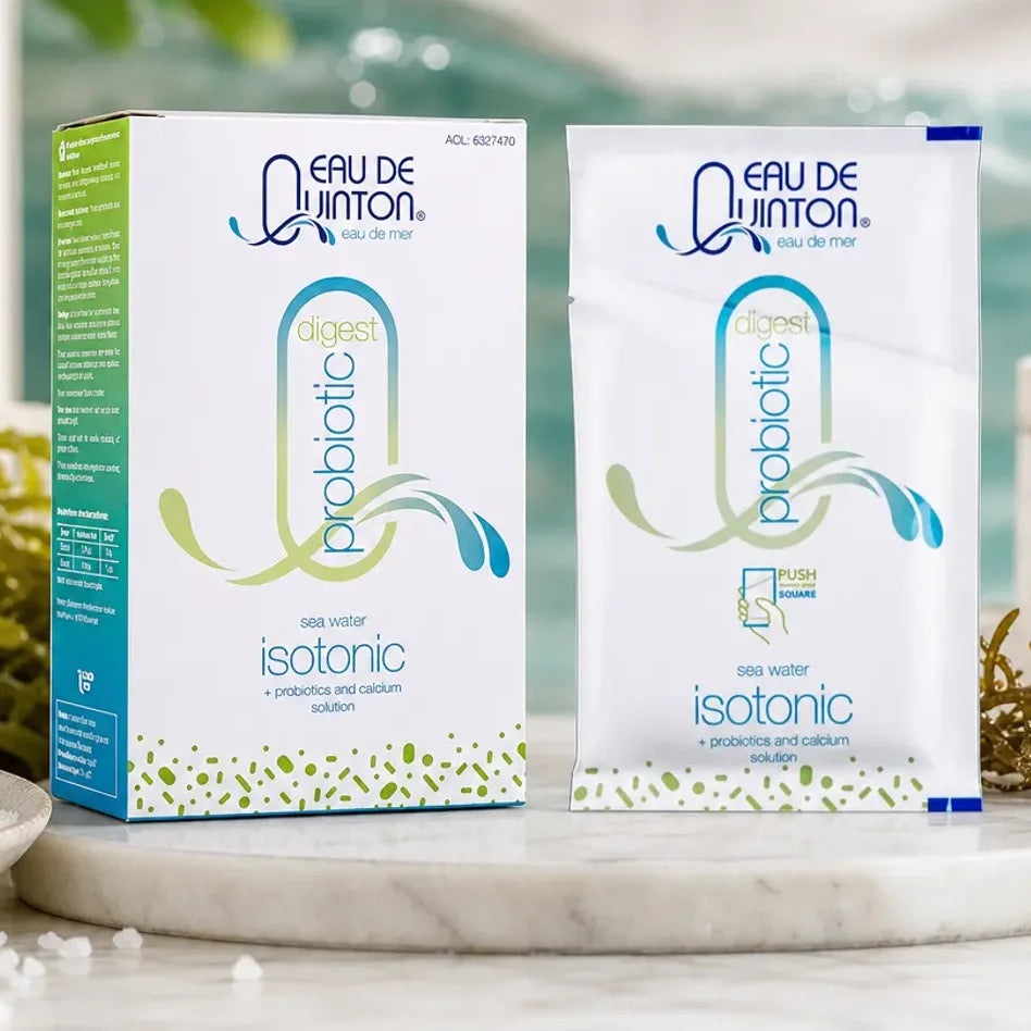 Probiotiques Quinton 10 sachets packaging blanc bleu sur marbre avec ingrédients marins naturels