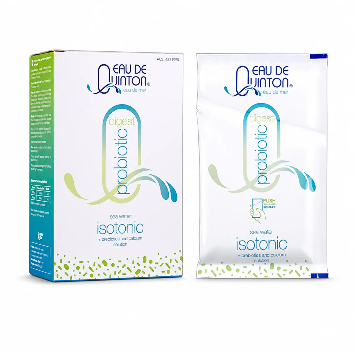 Probiotiques Quinton 10 sachets - Boîte et sachet bi-compartimenté sur fond blanc