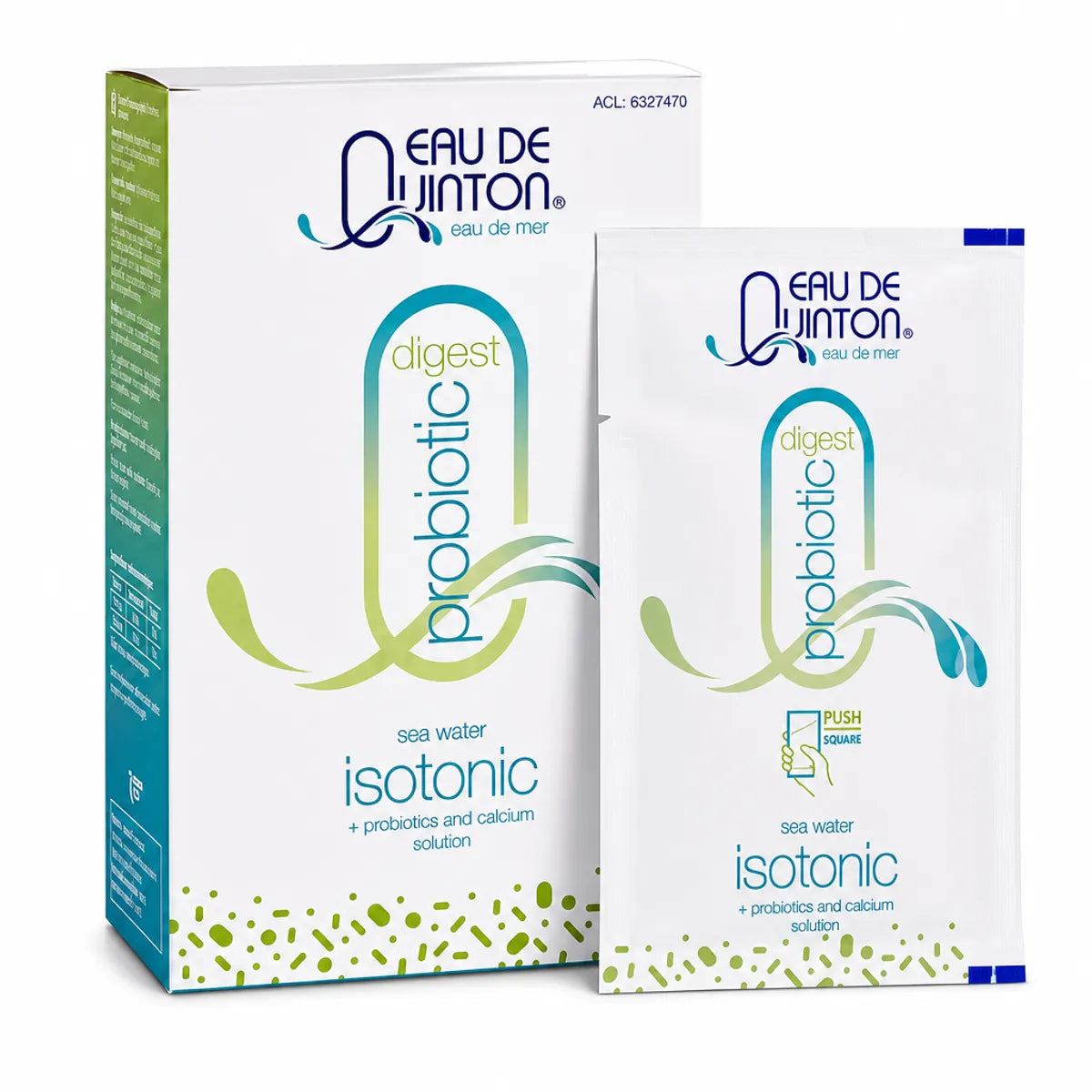 Boîte Quinton Probiotic 10 sachets et sachet individuel 25ml sur fond blanc