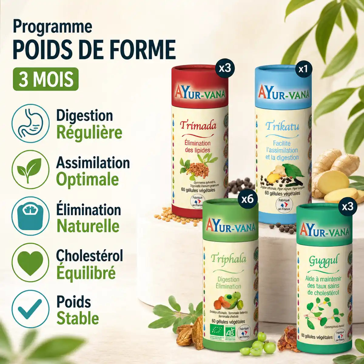 Programme Poids de Forme Ayurvana 3 mois avec 4 bouteilles et 5 bénéfices santé