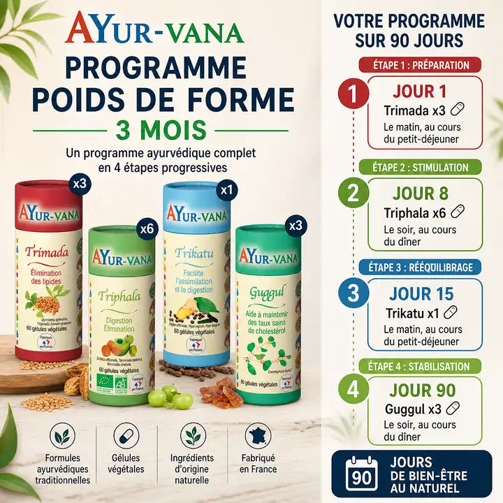 Programme Poids de Forme Ayurvana 3 mois avec flacon Trimada, Triphala, Trikatu et Guggul