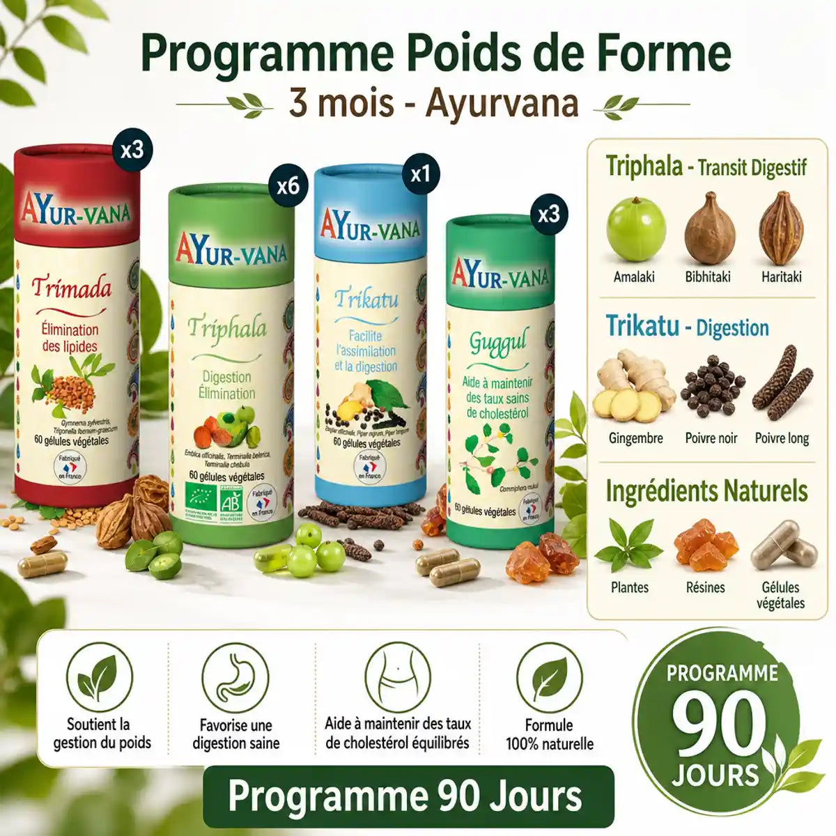 Programme Poids de Forme 3 mois Ayurvana - flacon suppléments naturels Triphala Trikatu