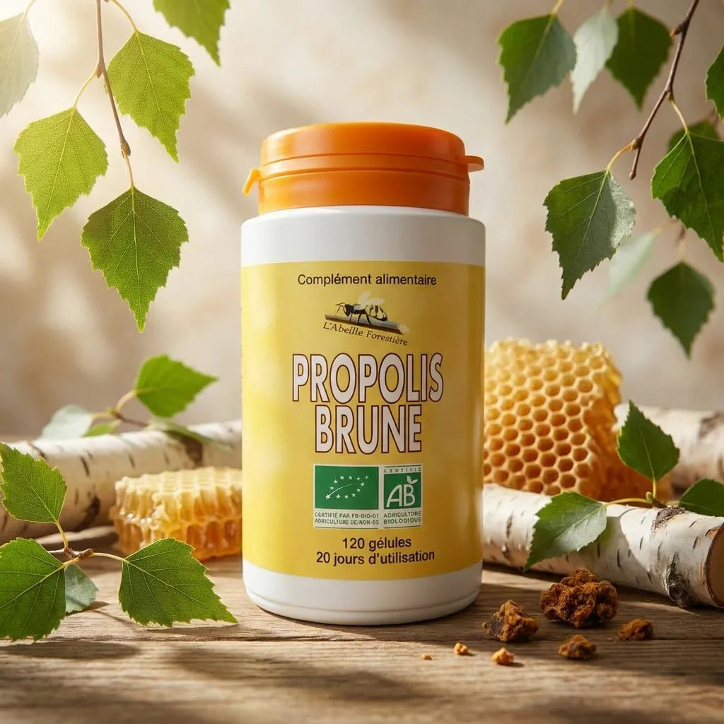 Propolis Brune bio en gélules L'Abeille Forestière sur bois naturel avec branches de bouleau