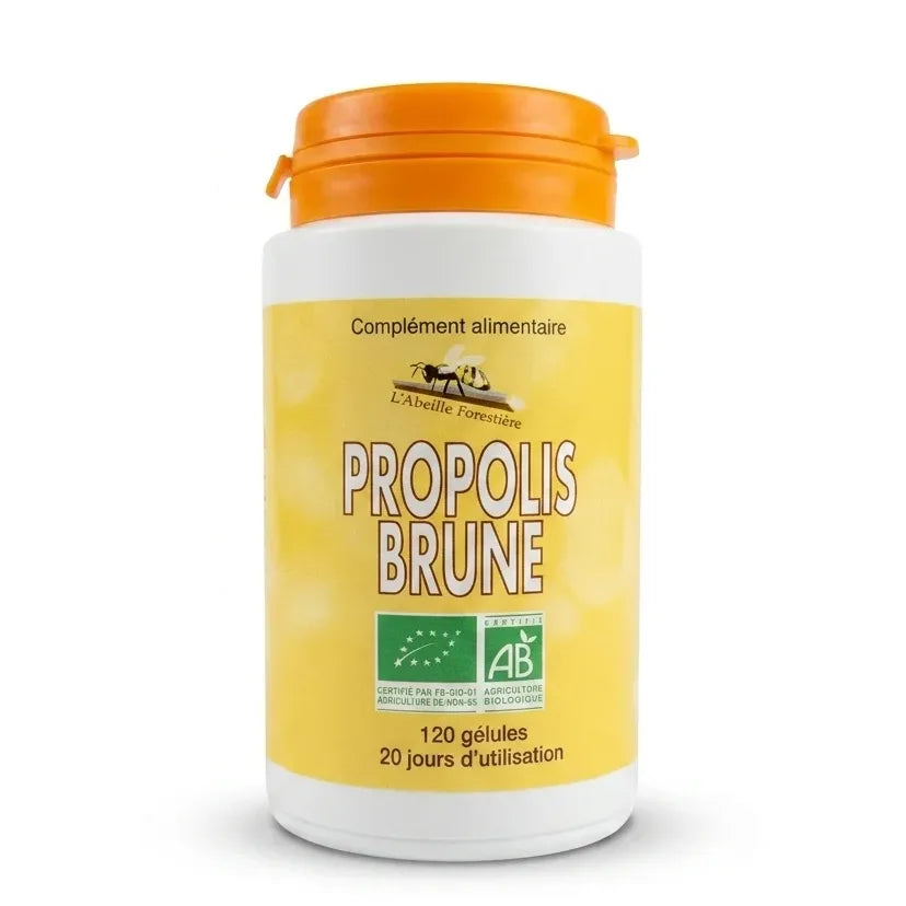 Bouteille de Propolis Brune bio en gélules L'Abeille Forestière avec bouchon orange sur fond blanc