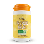 Bouteille de Propolis Brune bio en gélules L'Abeille Forestière avec bouchon orange sur fond blanc