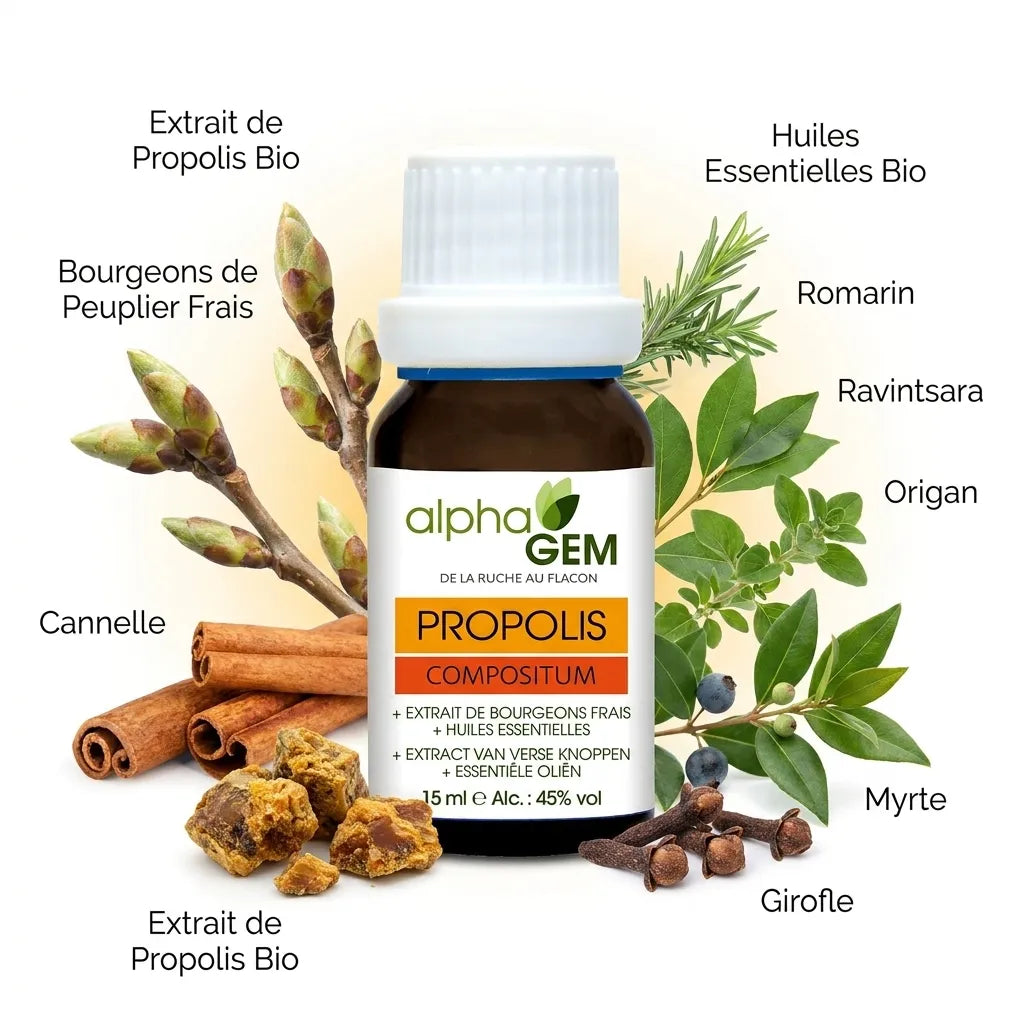 Propolis Compositum Bio Alphagem 15ml avec ingrédients naturels: propolis, bourgeons peuplier et huiles essentielles