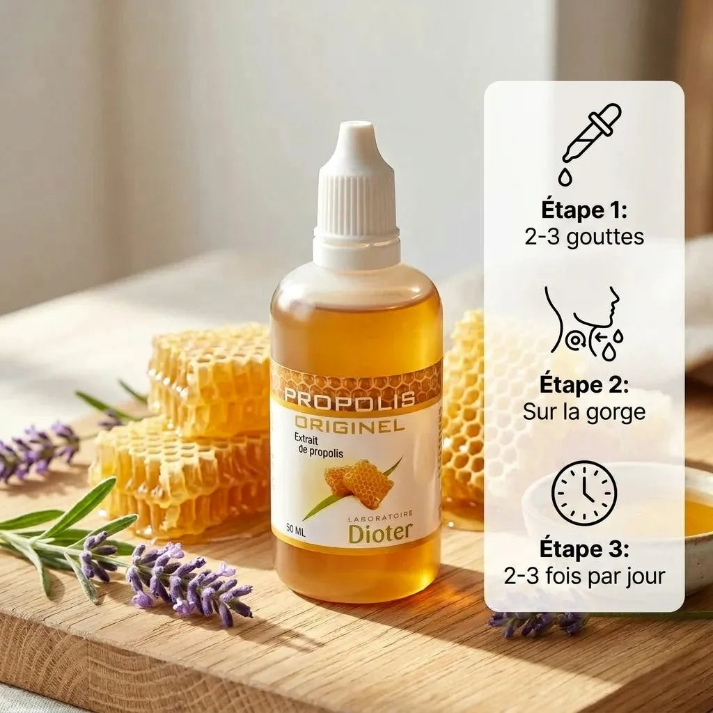 Propolis Originel en compte-gouttes, flacon 50mL avec mode d'emploi : 2-3 gouttes sur la gorge, 2-3 fois par jour