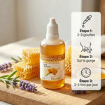 Propolis Originel en compte-gouttes, flacon 50mL avec mode d'emploi : 2-3 gouttes sur la gorge, 2-3 fois par jour