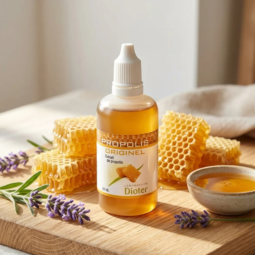 Propolis Originel en compte-gouttes dorée sur surface bois avec rayon de miel frais et lavande