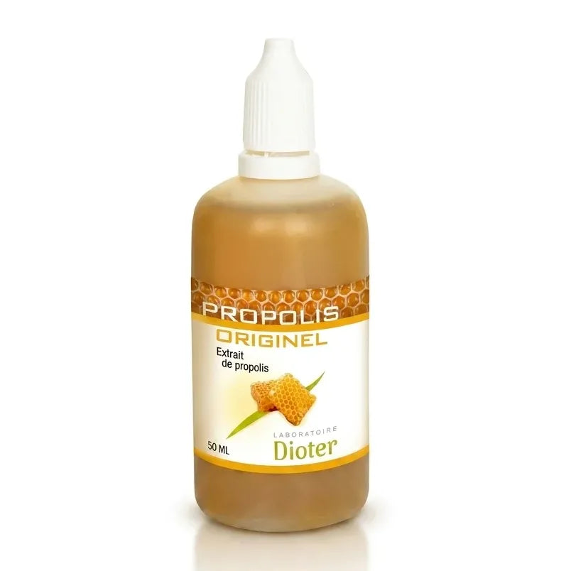 Propolis Originel en flacon compte-gouttes 50ml ambré Dioter sur fond blanc