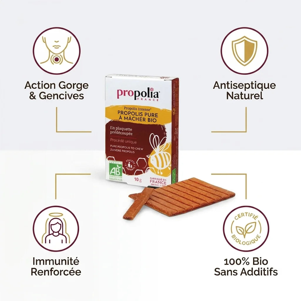 Propolis pure à mâcher Bio Propolia avec bénéfices antiseptiques, gorge et immunité