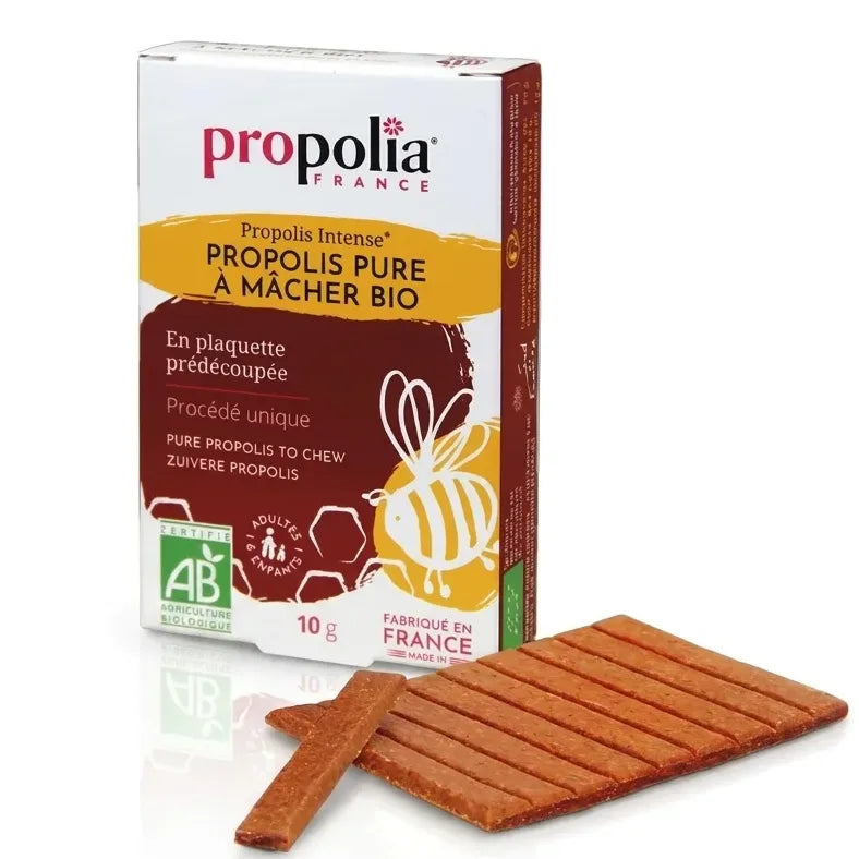 Propolis pure à mâcher bio Propolia - boîte et comprimés sur fond blanc