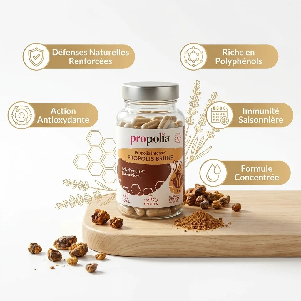 Propolis Ultra gélules Propolia avec infographies bénéfices immunité et antioxydants