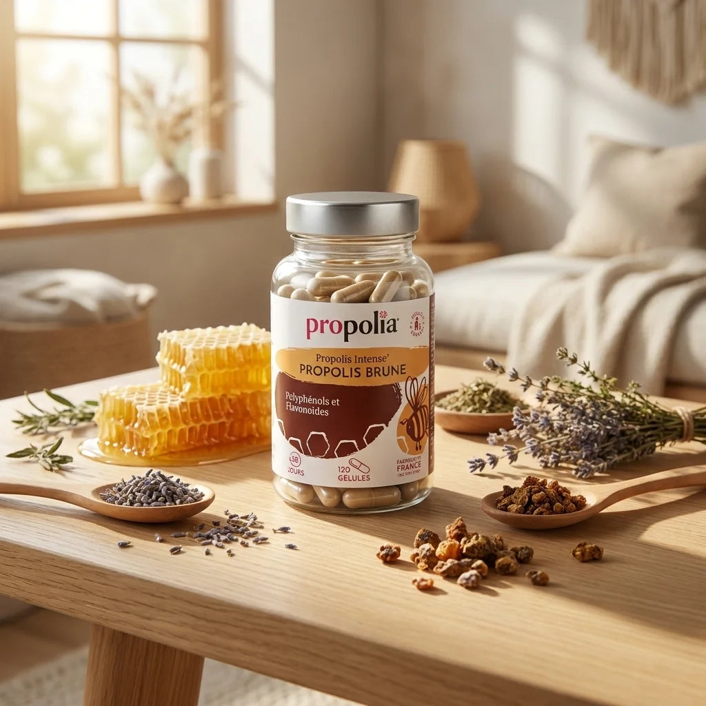 Gélules Propolis Ultra Propolia en flacon avec miel et herbes