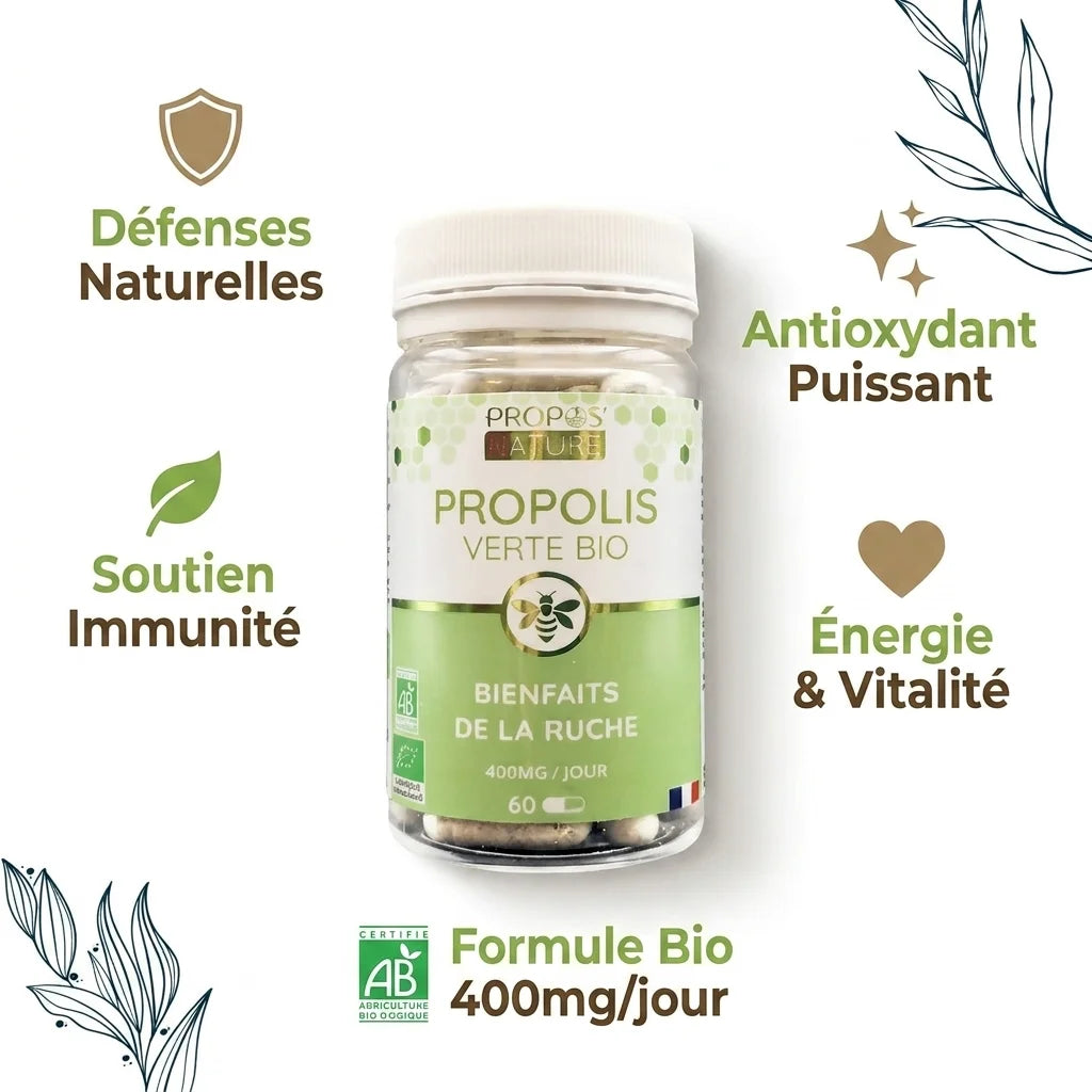 Propolis verte Bio Propos'Nature gélules avec 5 bénéfices santé : défenses, antioxydant, immunité, énergie, formule Bio