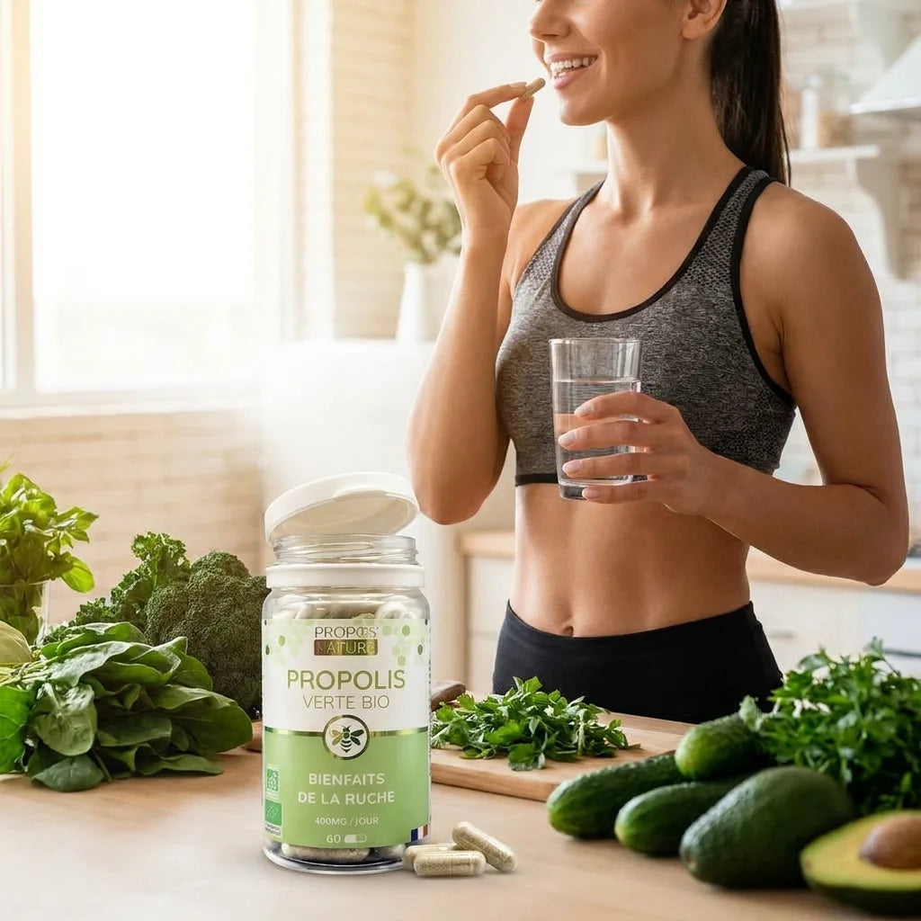 Propolis verte Bio Propos'Nature en gélules, femme prenant le complément au petit-déjeuner entourée de légumes frais