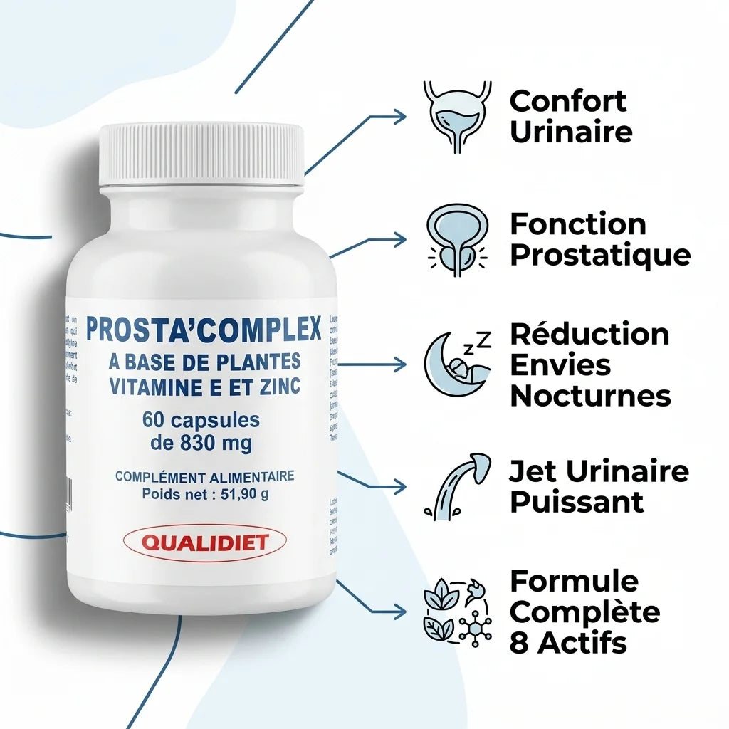 Prosta'Complex capsules avec 5 bénéfices clés : confort urinaire, fonction prostatique et réduction nocturne