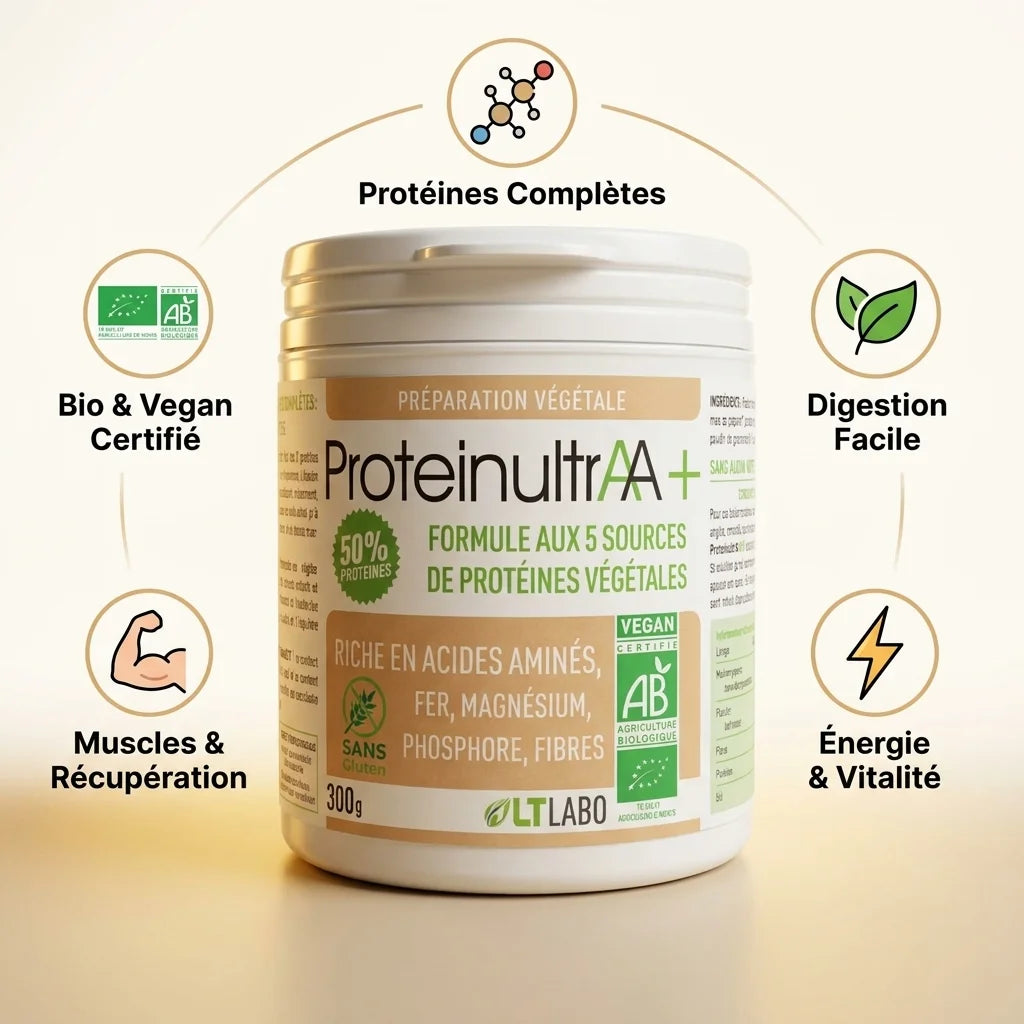Proteinultraa+ Bio vegan - pot 300g avec 5 bénéfices : protéines complètes, digestion, énergie, muscles, certification