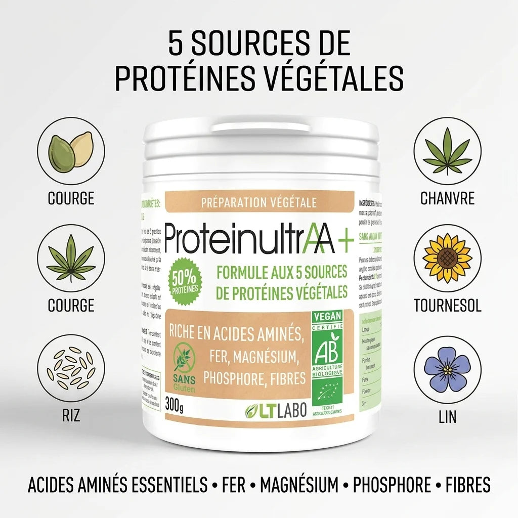 Proteinultra+ Bio vegan poudre avec 5 sources protéines végétales: courge, chanvre, tournesol, riz, lin
