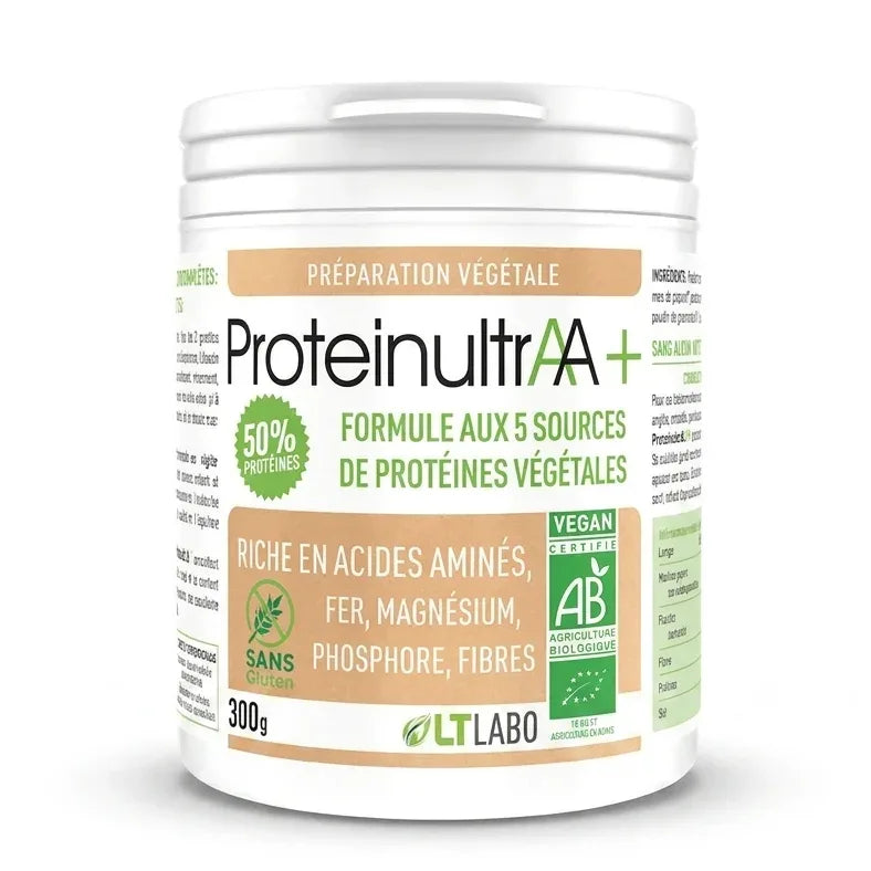 Proteinultraa+ Bio vegan, poudre de protéine 300g, pot blanc avec étiquette verte