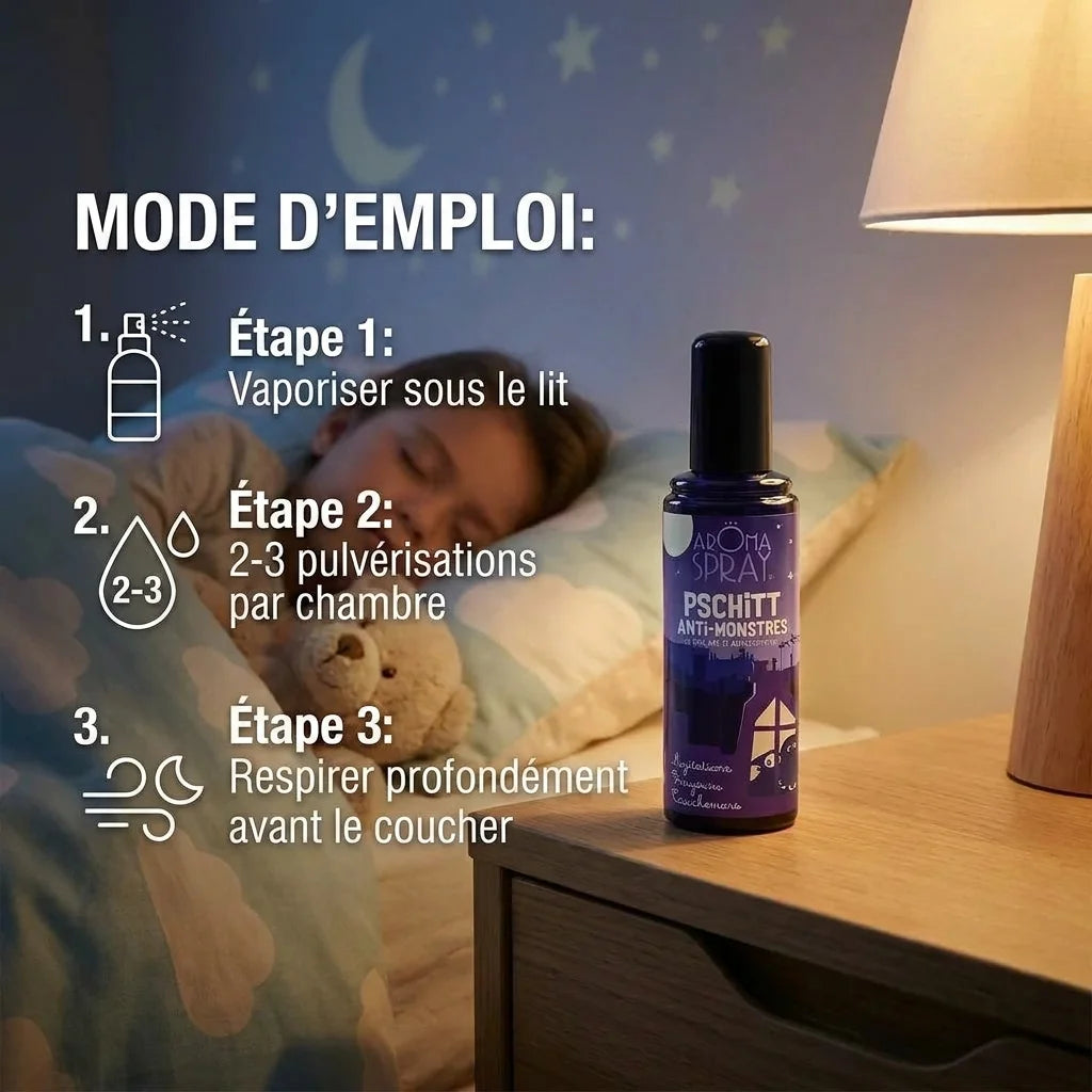Pschitt Anti-monstres Aromaspray flacon avec mode d'emploi et guide d'utilisation pour chambre d'enfant