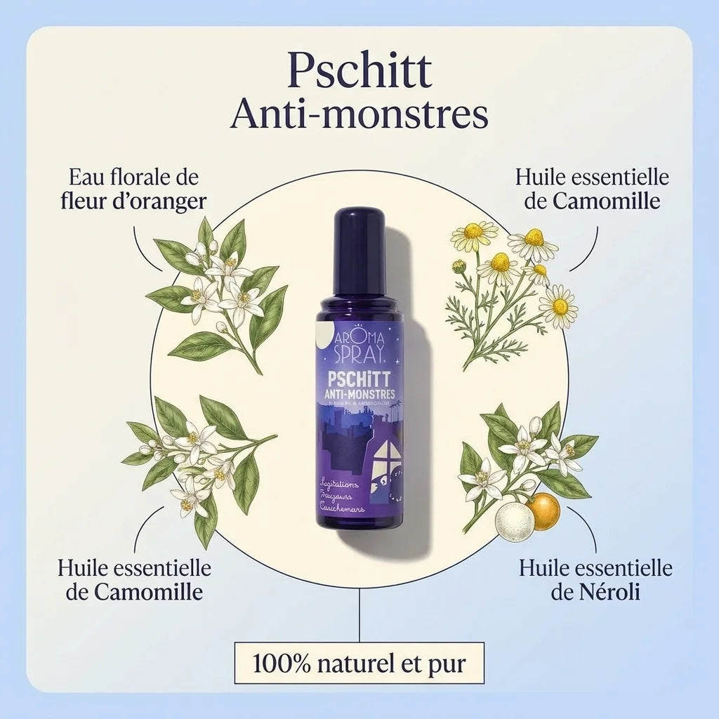 Pschitt Anti-monstres spray aromathérapie naturel avec ingrédients botaniques fleur d'oranger camomille néroli