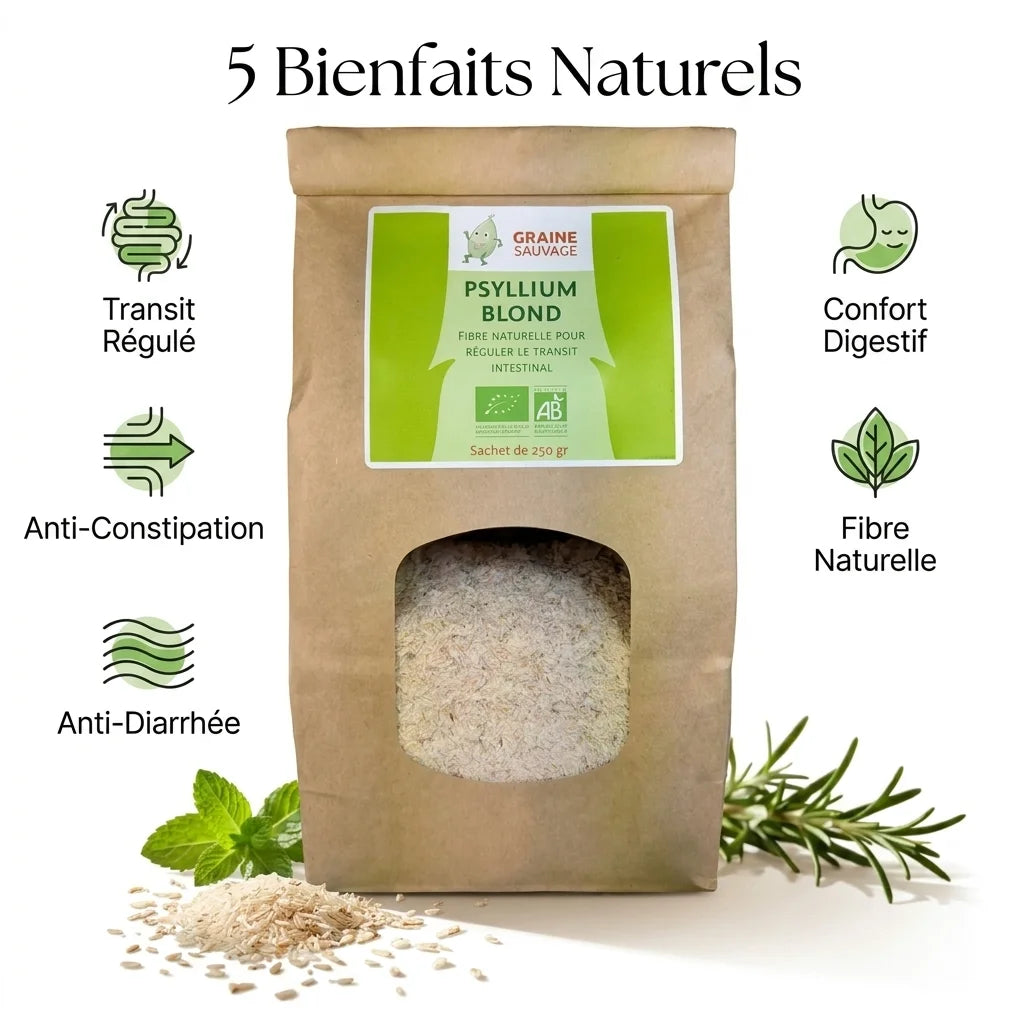 Psyllium Blond Bio avec 5 bienfaits : transit régulé, confort digestif, fibres naturelles