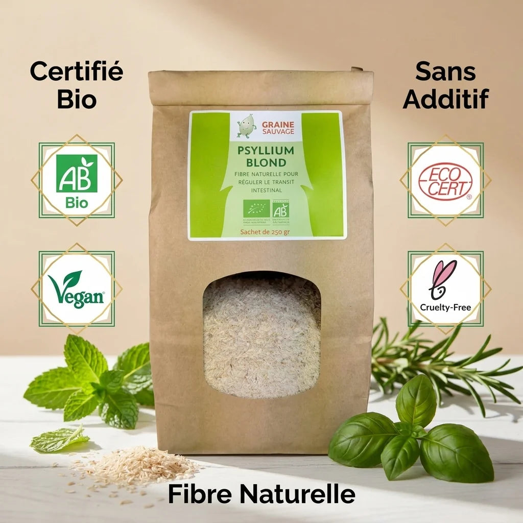 Psyllium Blond Bio certifié avec badges AB, Ecocert, vegan et sans additif sur surface bois