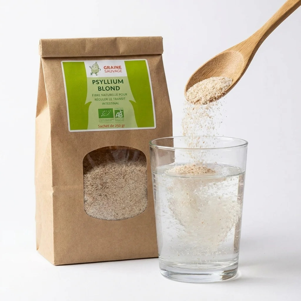 Psyllium blond bio en poudre versé dans un verre d'eau avec emballage Graine Sauvage