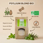 Psyllium Blond Bio en sachet kraft avec infographie des ingrédients naturels et certifications