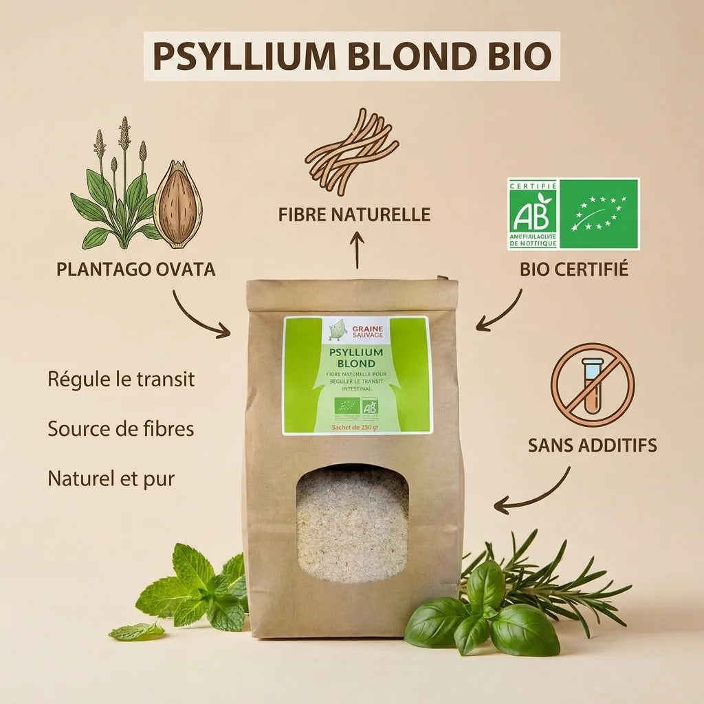 Psyllium Blond Bio en sachet kraft avec infographie des ingrédients naturels et certifications