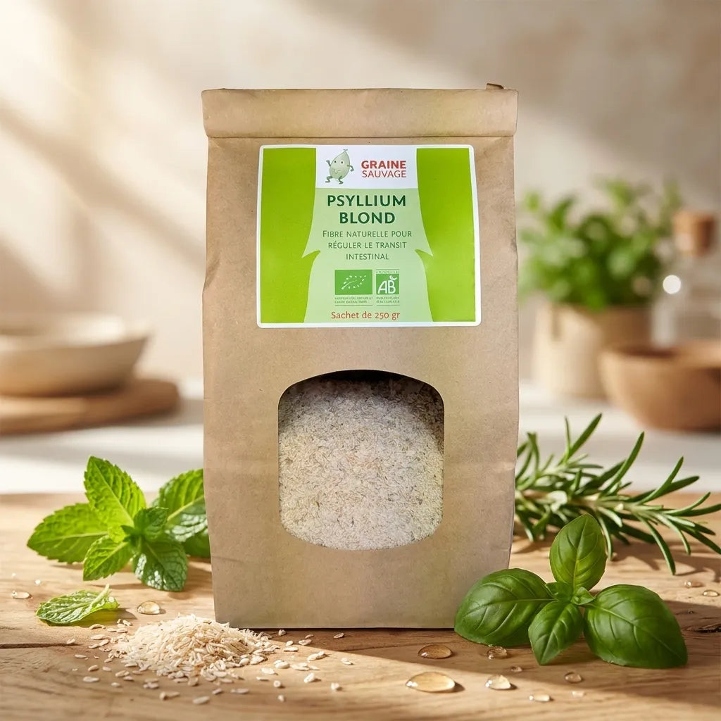 Sachet Psyllium Blond Bio en packaging kraft sur surface bois avec herbes et gouttes d'eau