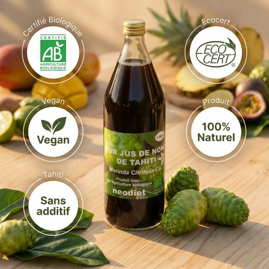 Bouteille Pur jus de Noni bio neodiet avec fruits frais et certifications AB, Ecocert, Vegan