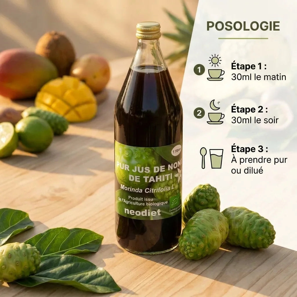 Bouteille pur jus de Noni bio avec posologie 30ml matin et soir, fruits frais arrangés