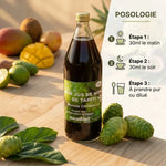 Bouteille pur jus de Noni bio avec posologie 30ml matin et soir, fruits frais arrangés