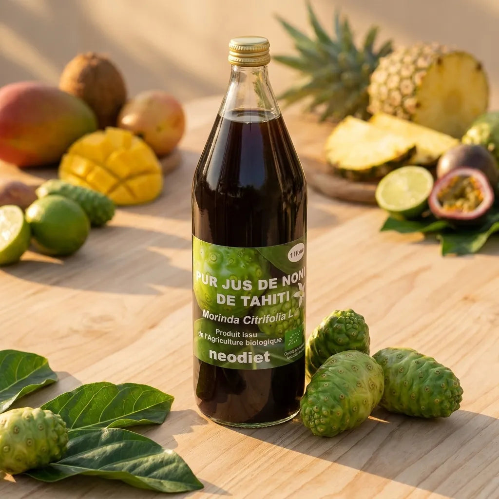 Bouteille de pur jus de Noni bio Neodiet avec fruits tropicaux et feuilles de Morinda citrifolia