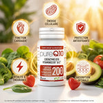Pure Q10 100mg LT Labo avec icônes des bénéfices : énergie cellulaire, fonction cardiaque et antioxydants