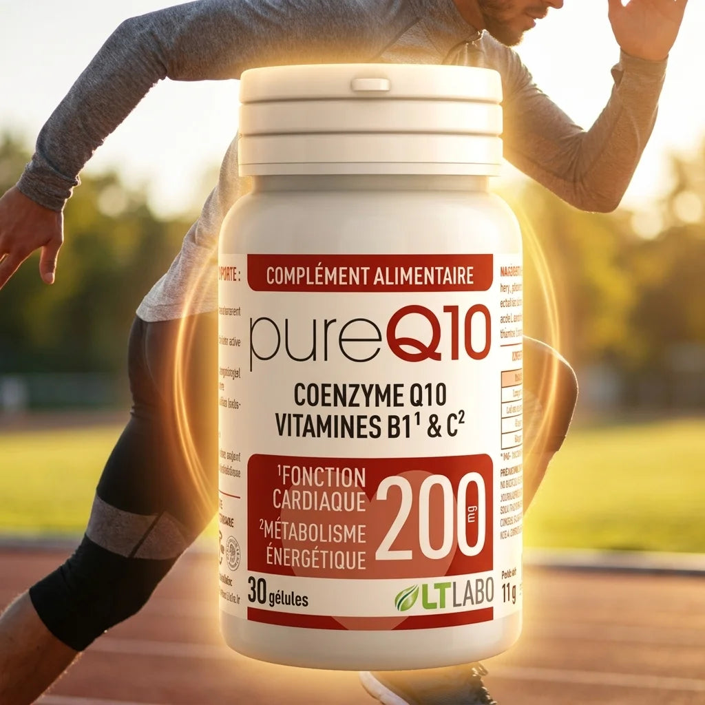 Complément Pure Q10 100mg en gélules avec sportif en mouvement, LT Labo